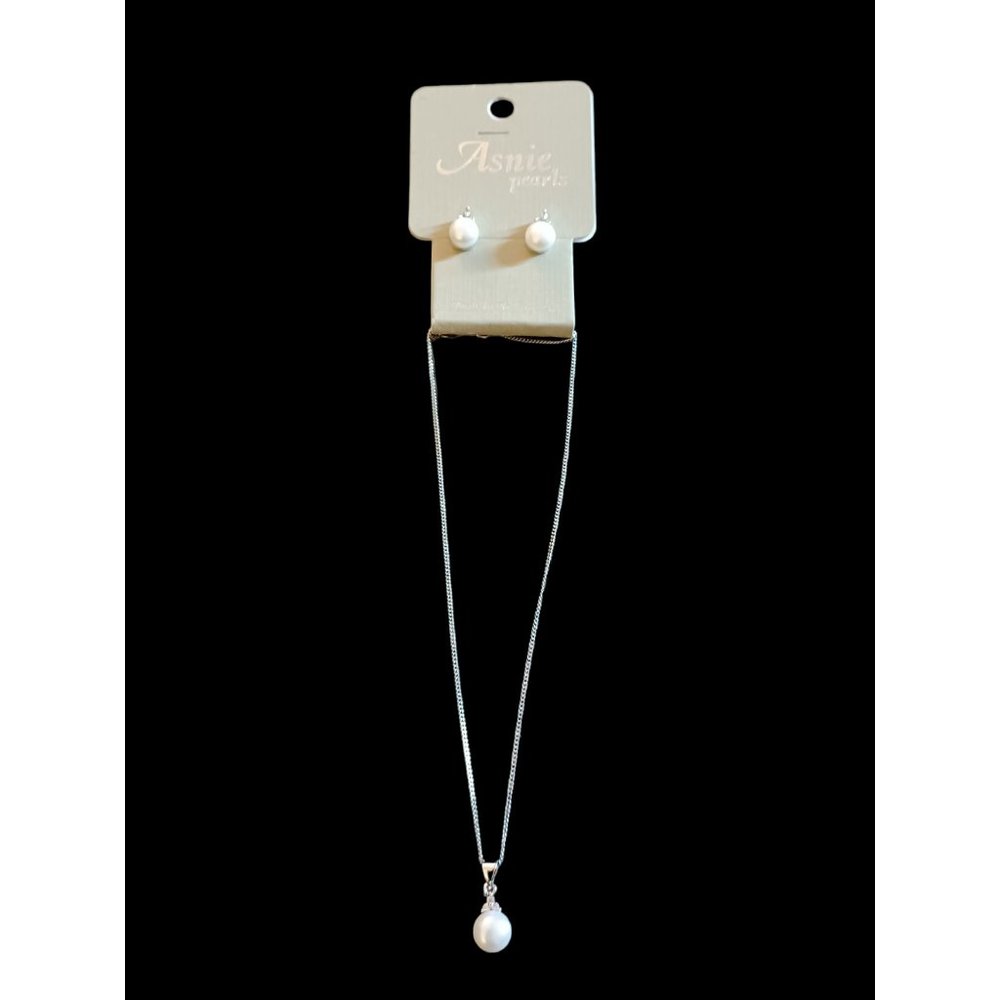 Asnie Pearl 925 Sterling Silver Crystal 8.2mm Cultured White Button Jewelry Set